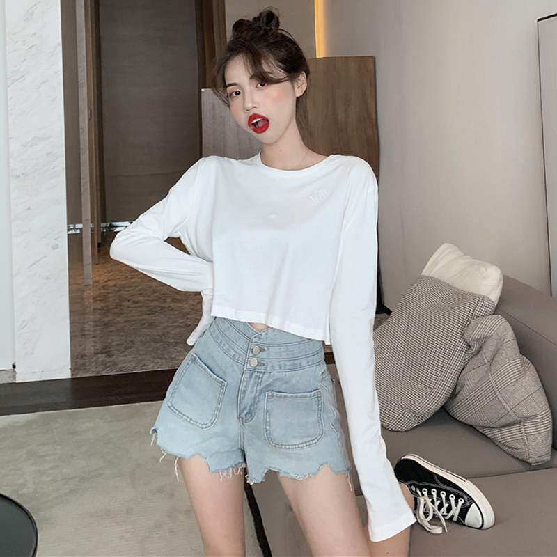 春季网红流行露脐高腰上衣t恤黑色宽松长袖ins女短款超火潮服定制