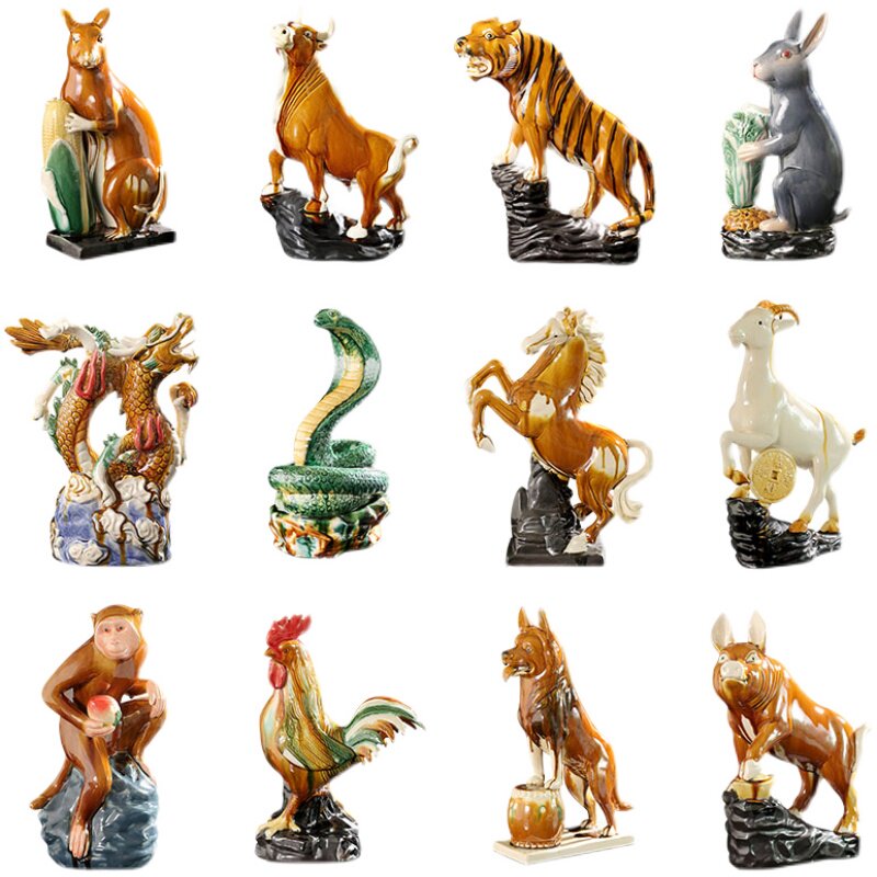 九朝陶瓷陶瓷工艺工艺品鼠牛虎兔龙蛇马羊猴鸡狗招财装饰摆件