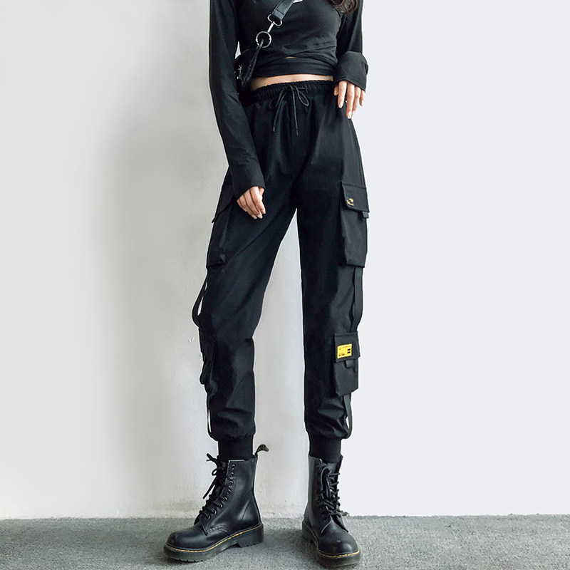 工装裤女显瘦高腰春秋帅气宽松黑色运动休闲束脚休闲裤