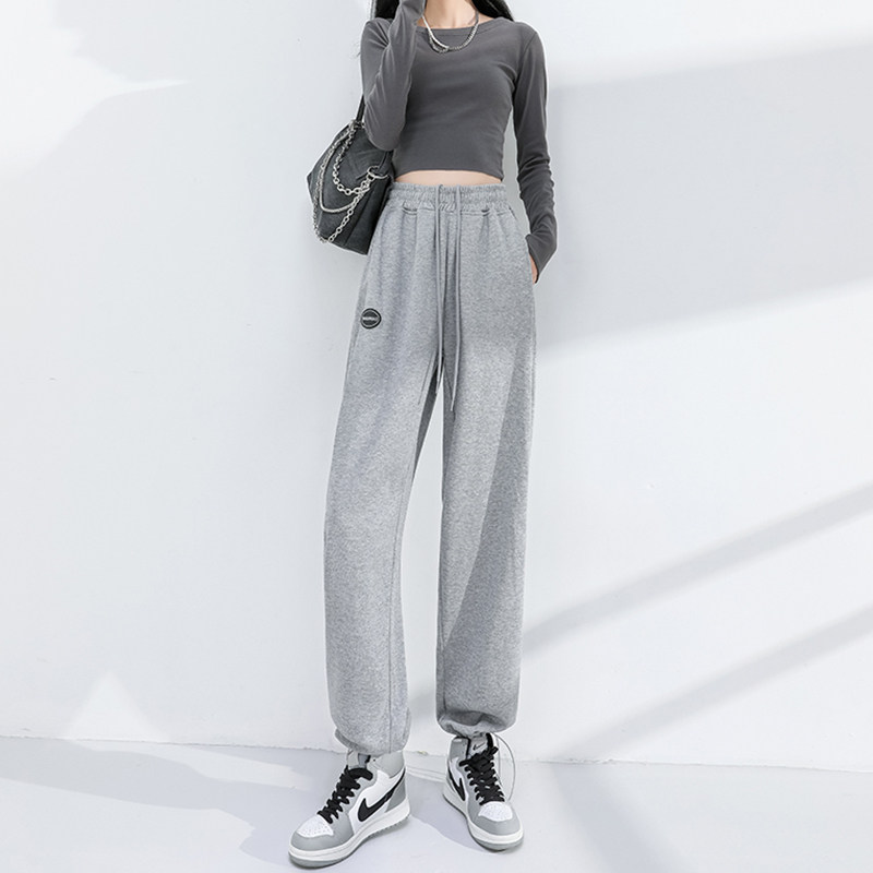 灰色运动裤女夏薄款宽松束脚休闲卫裤阔腿直筒休闲裤