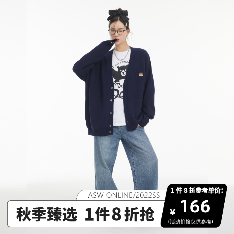 ASW ONLINE复古百搭虎头针织开衫情侣慵懒风V领宽松毛衣外套秋冬