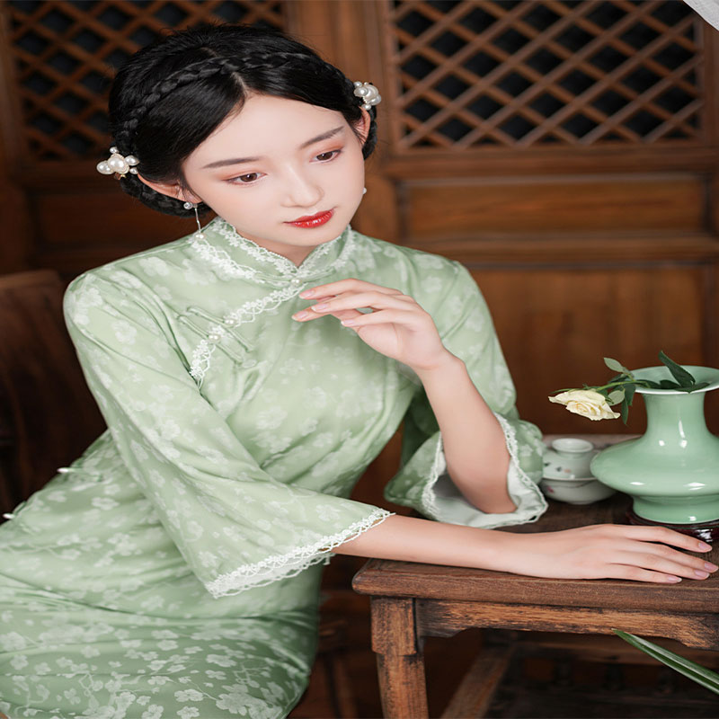 中长款民国风倒大袖日常宽松改良版旗袍复古提花传统夏季连衣裙