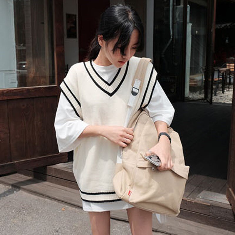 学院风毛衣背心女秋冬新款韩版宽松套头女学生无袖v领针织衫马甲