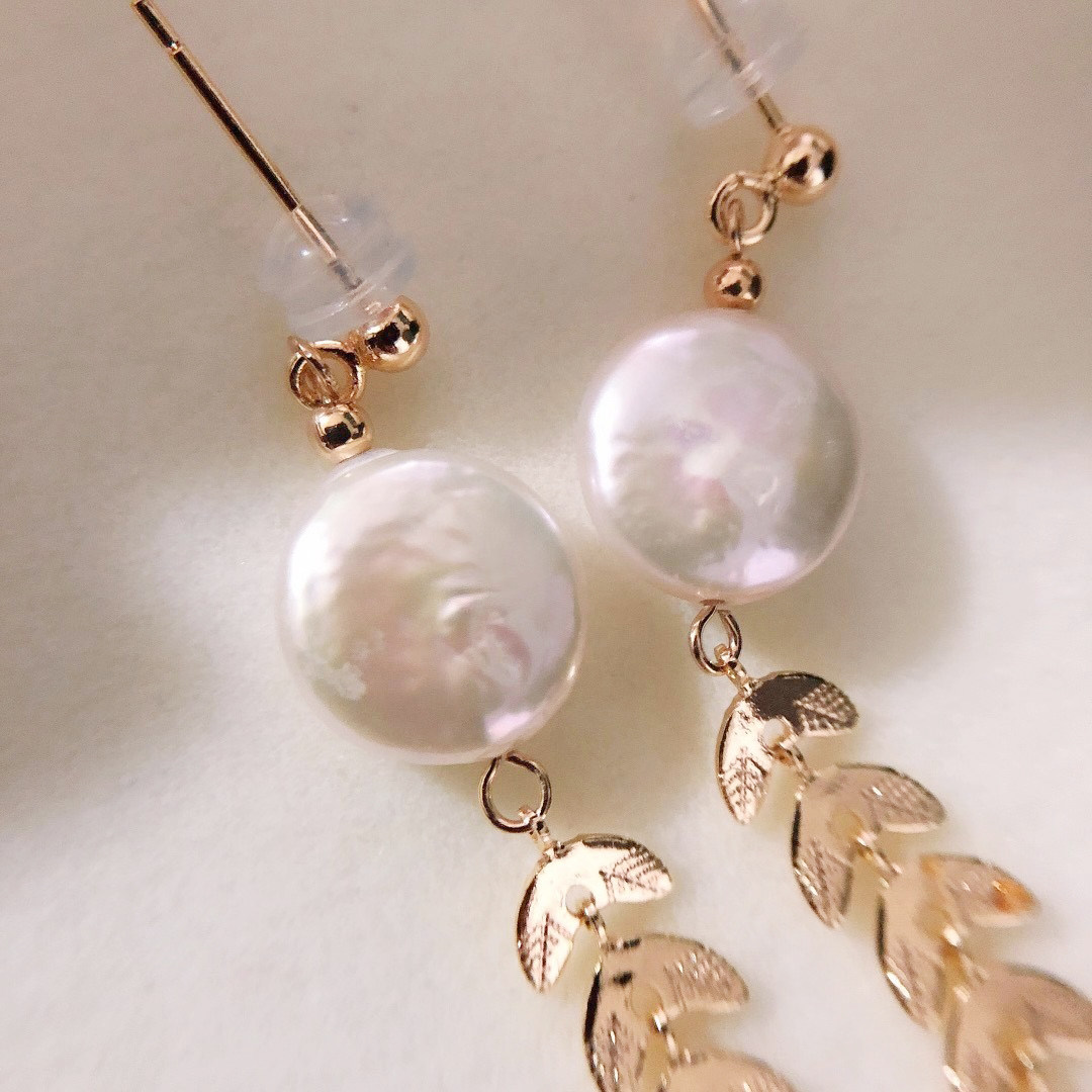 qinshine14k注金天然纽扣珍珠耳环个性气质麦穗耳钉耳饰