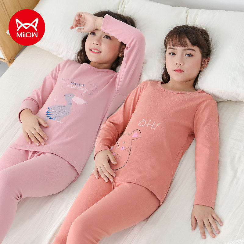 蓄热锁暖猫人女童内衣套装中大小女孩双面磨绒内衣套装