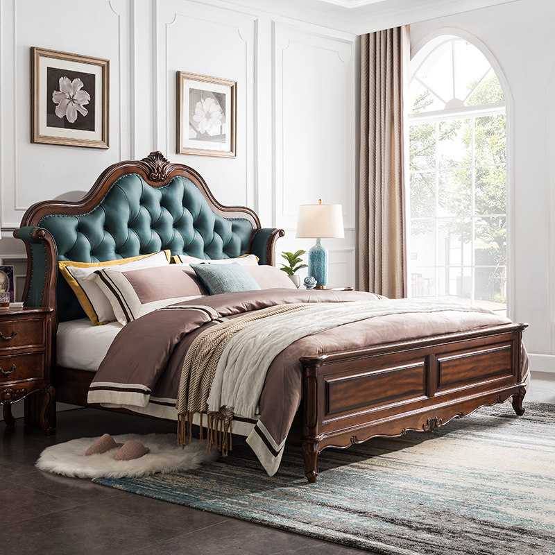 美式双人床别墅实木木床真皮皮软欧式18米简美实木床