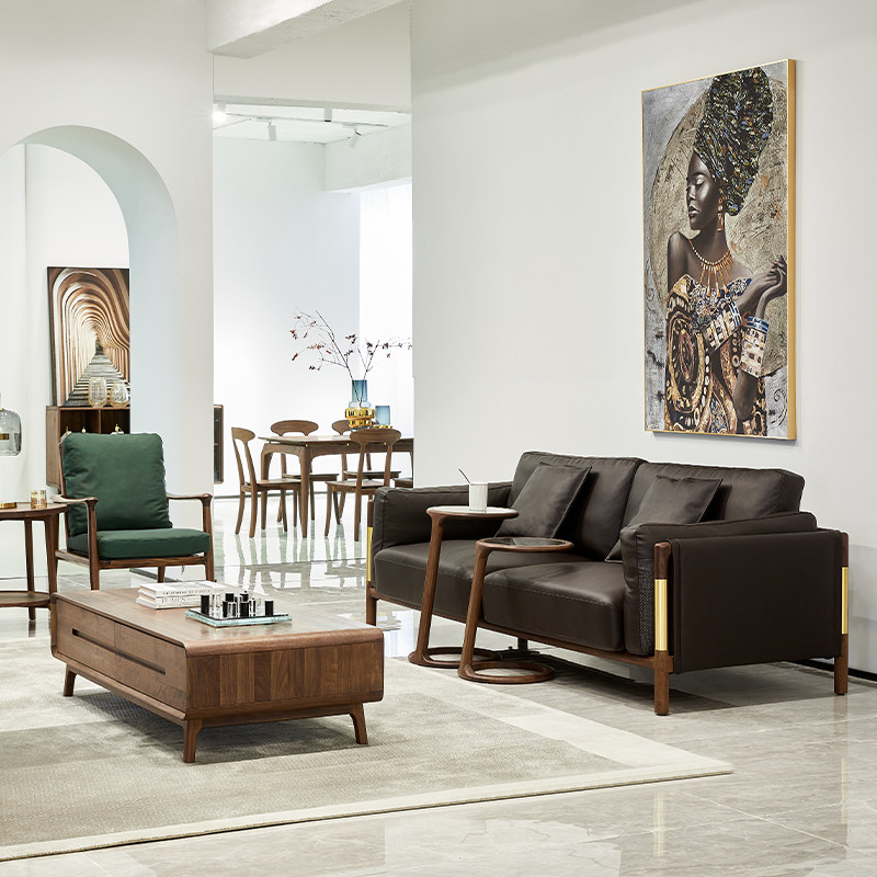 水墨兰亭北美胡桃木实木沙发北欧简约客厅家具轻奢真皮沙发实木沙发