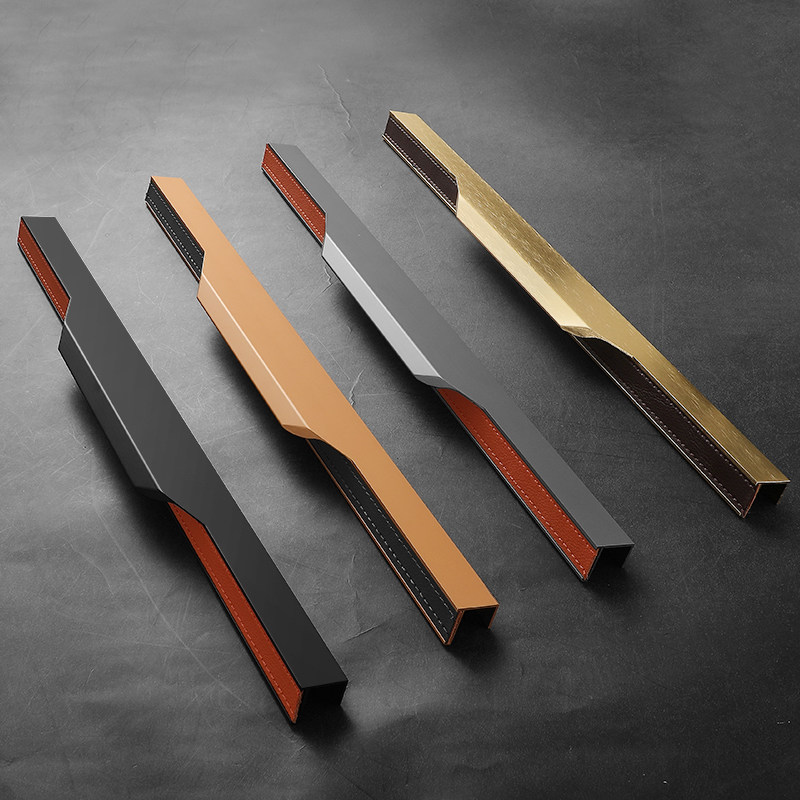 柜门轻奢皮革黑色隐形衣柜拉手通顶隐藏打孔小拉手