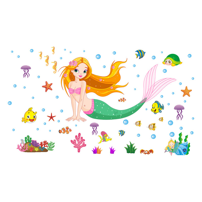 幼儿园卡通贴画儿童女孩床头贴纸美人鱼墙贴浴室软装墙贴