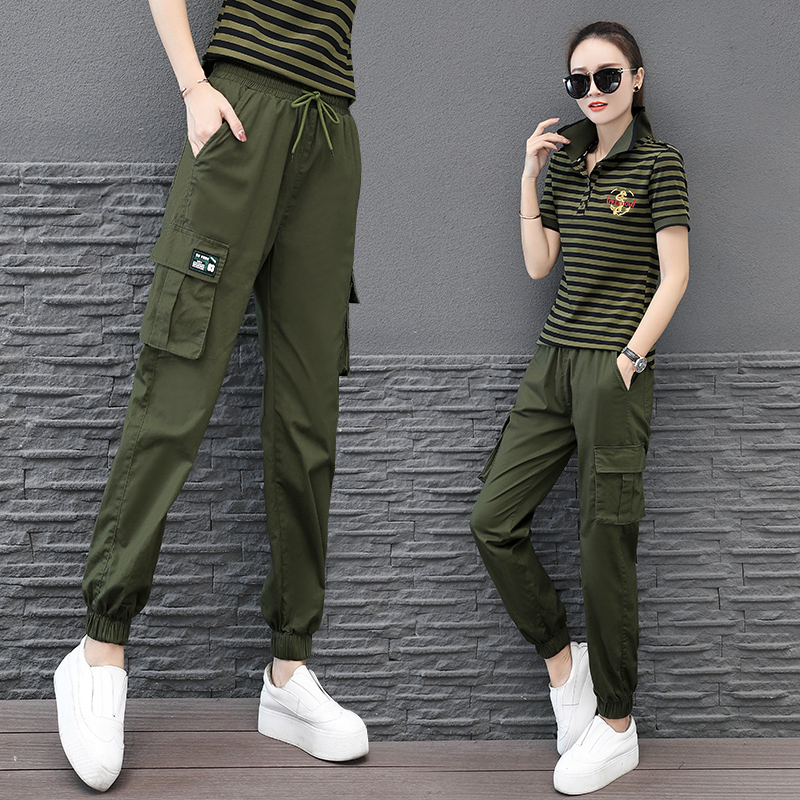 军绿色裤子女夏季新款宽松户外迷彩裤多口袋工装束脚高腰显瘦休闲