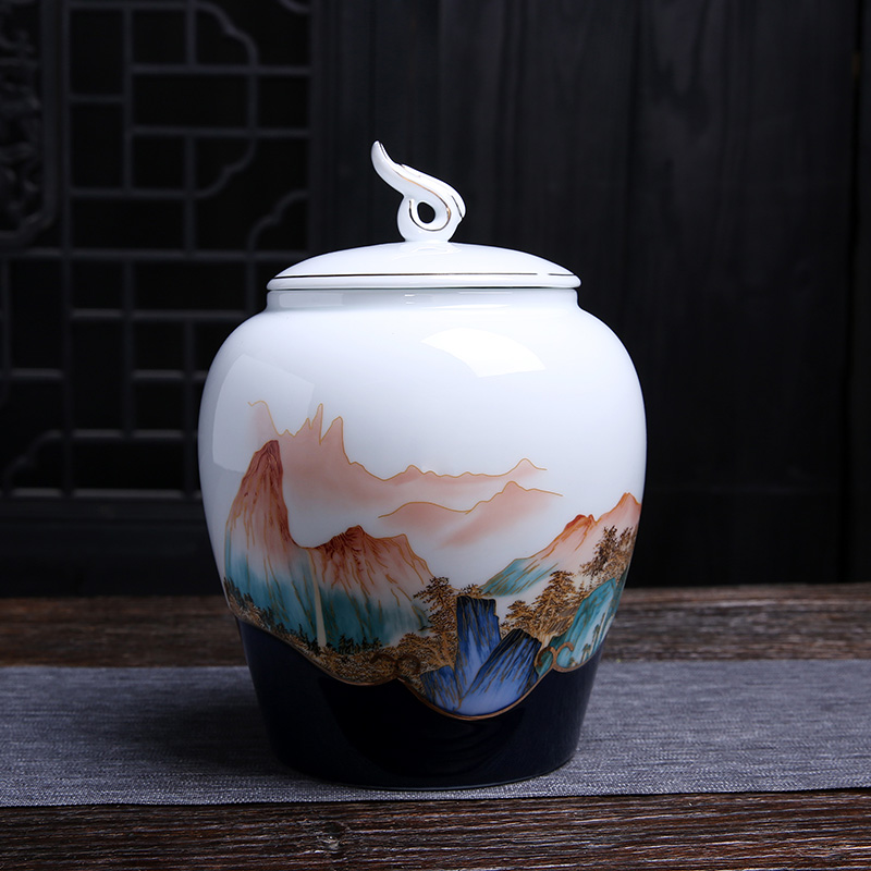 吉祥缘山水陶瓷茶叶茶叶罐罐子大中号放密封储存罐茶叶罐