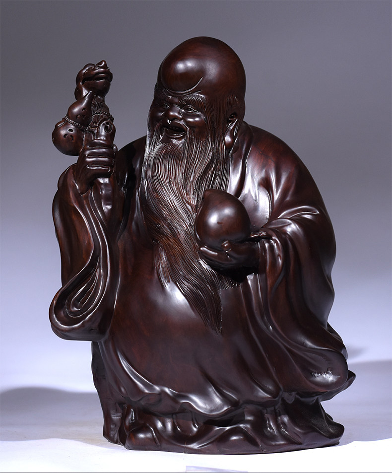檀木雕刻老寿星摆件家居客厅装饰红木工艺品生日摆件