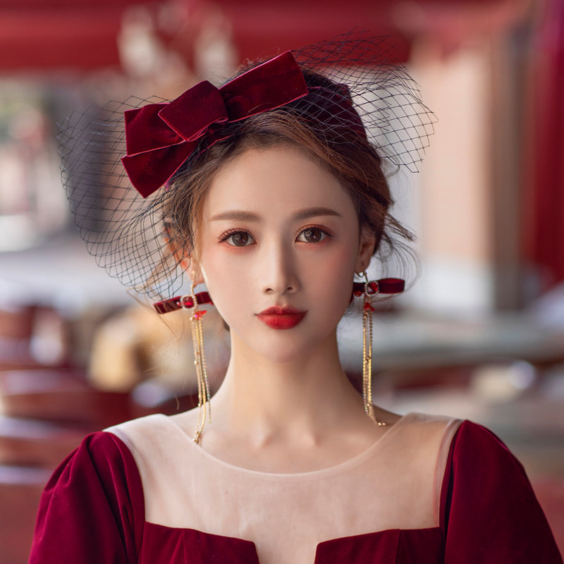 新娘敬酒服头饰蝴蝶结水钻花朵新款复古优雅气质红色礼服结婚发饰