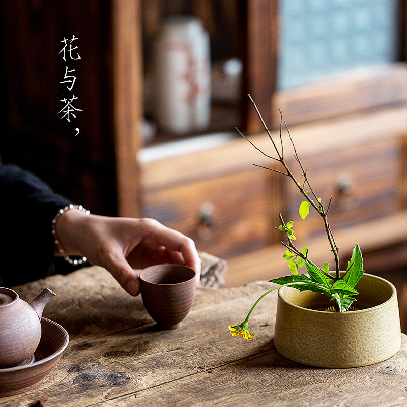 器皿碌心剑山粗陶插花日式花道陶瓷花盆水盘茶道