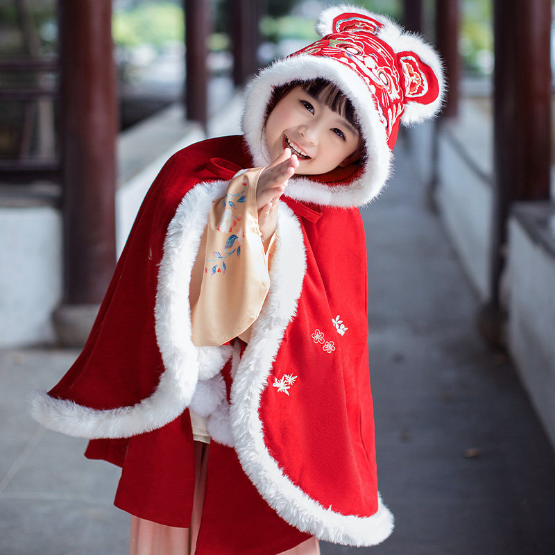 拜年服女童加绒汉服冬装过年服中国风女儿童新年加厚唐装冬款斗篷