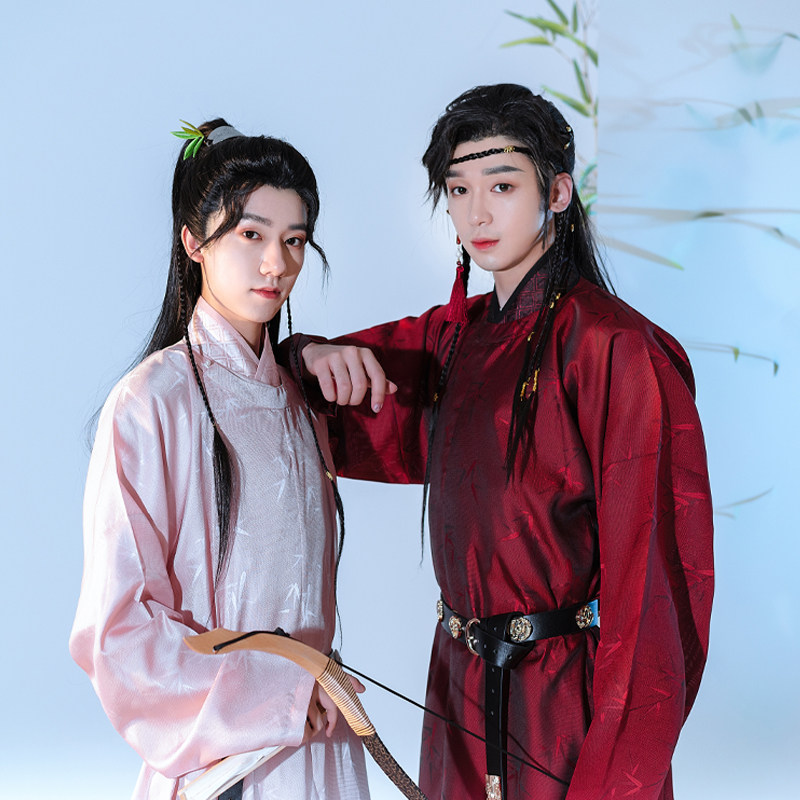 汉服半亭风唐制仿花罗圆领袍竹公子粉色红色汉服
