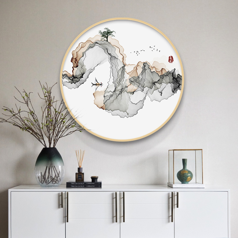 新中式禅意抽象意境水墨山水线条圆形装饰画圆框现代装饰画