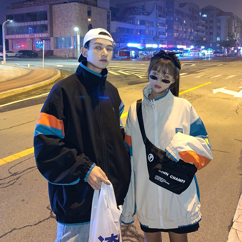 情侣装拼接撞色外套男春秋季款韩版小众ins超火潮牌港风大码夹克