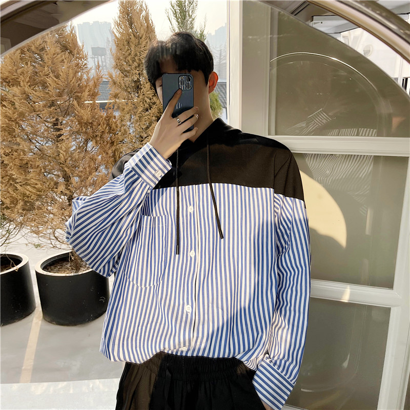 GouYe/20aw 韩系蓝白竖条纹衬衫男长袖潮流宽松帅气情侣连帽卫衣