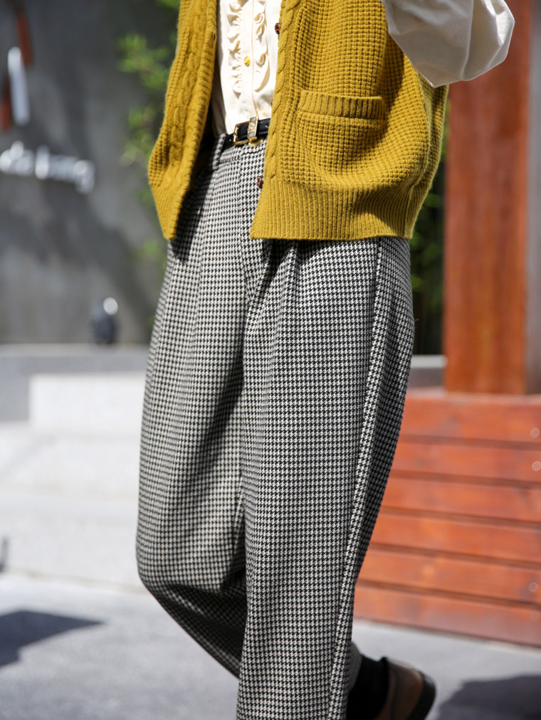 三所vintage复古千鸟格裤子高腰显瘦羊毛锥形格子休闲裤