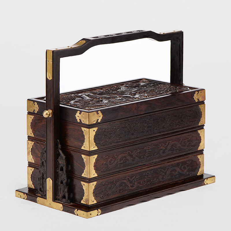 老挝大红酸枝三层食盒红木提篮三抽多层古典中式提梁盒文盒收纳盒