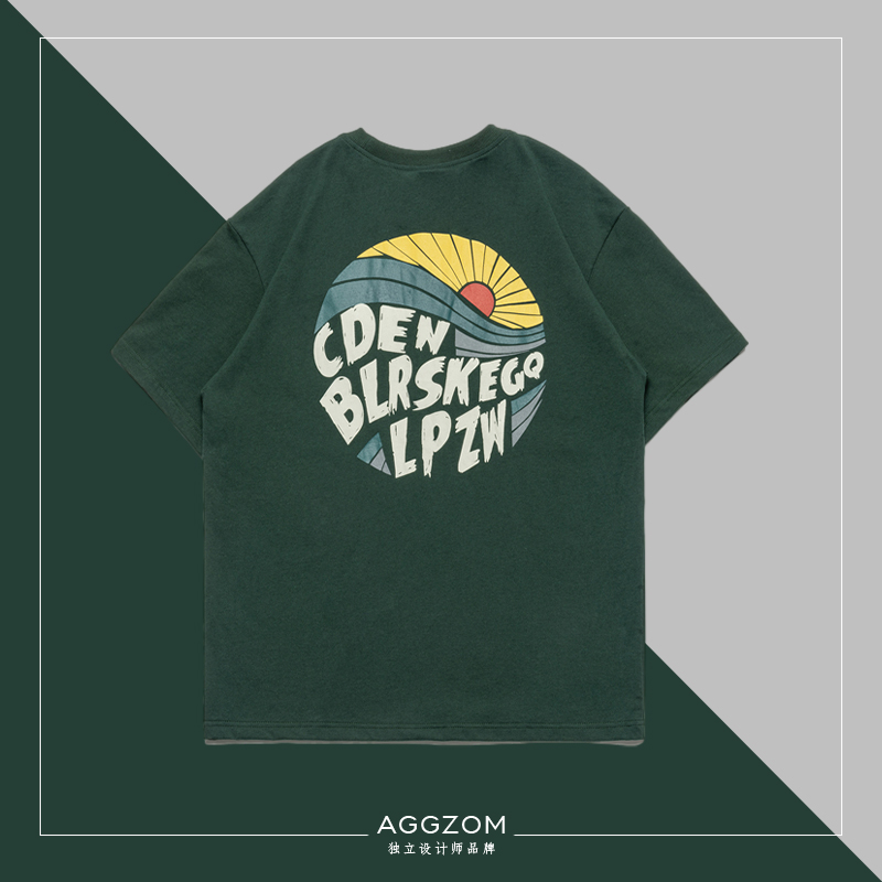 QIAOKEMAN 设计师品牌 海平面升起的太阳 夏季宽松短袖T恤男