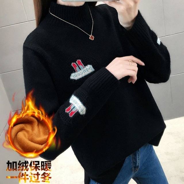 Plus velvet thick autumn and winter new Korean version of the half-high collar long sleeve cover wild short loose knit sweater female Plus velvet thick autumn and winter new Korean version of the half-high collar long sleeve cover wild short loose knit sweater female