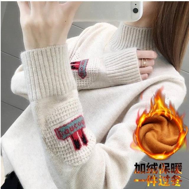 Plus velvet thick autumn and winter new Korean version of the half-high collar long sleeve cover wild short loose knit sweater female Plus velvet thick autumn and winter new Korean version of the half-high collar long sleeve cover wild short loose knit sweater female