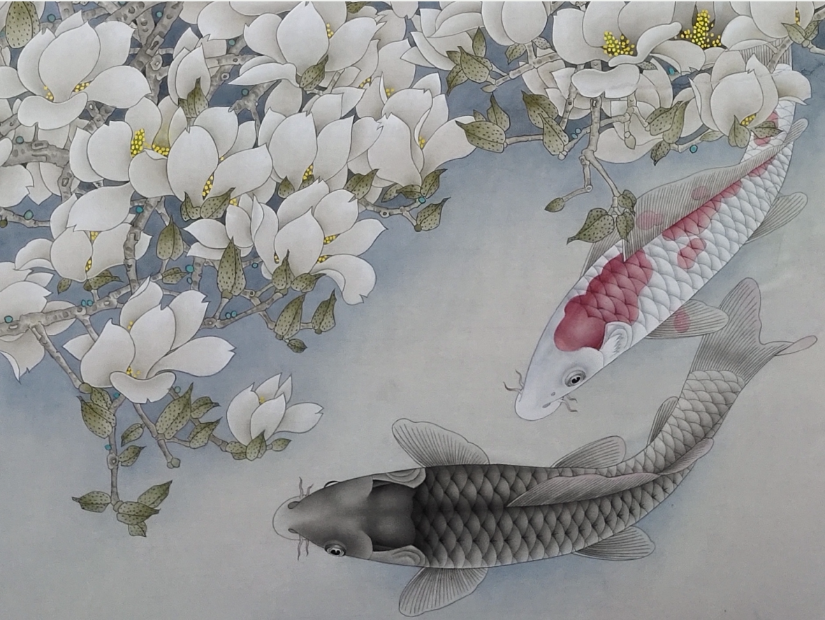 工笔画底稿鱼稿4尺6尺工笔玉兰鲤鱼竖副白描国画