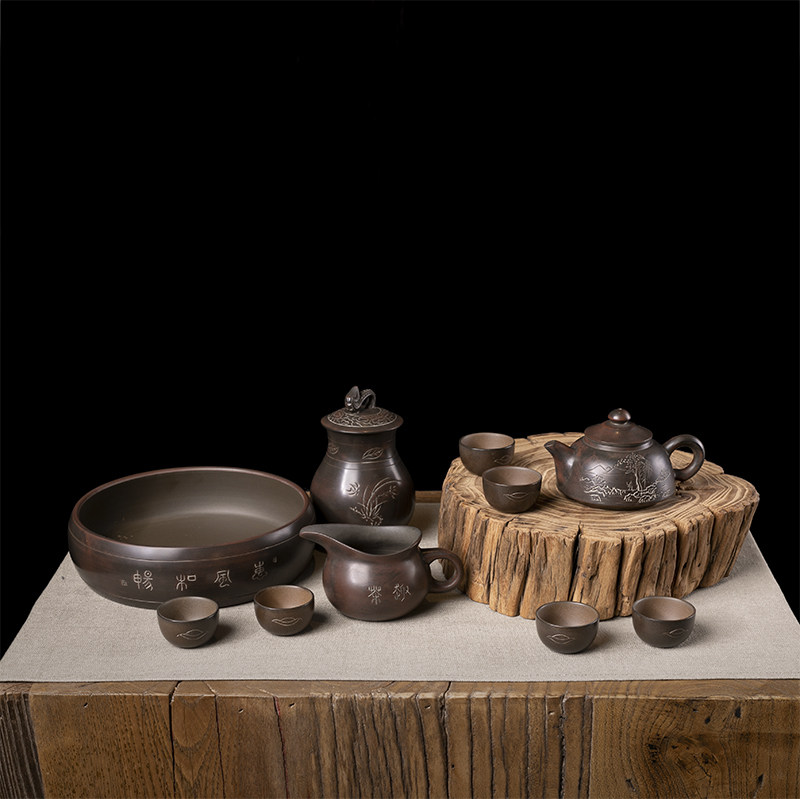 广西特色礼品钦州坭兴陶纯手工中式刻花禅意茶杯