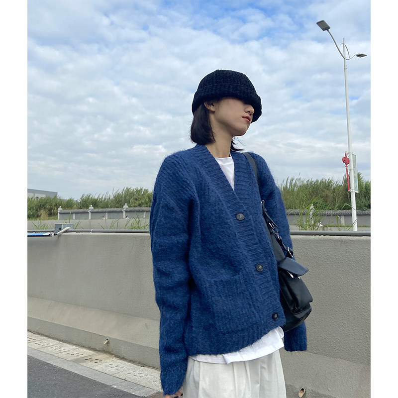 秋冬深蓝色慵懒毛衣开衫粗针宽松加厚外穿针织衫毛衣