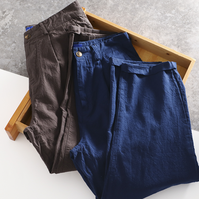这面料真绝了 肌理蓝染 水洗重磅厚棉麻料老爹锥形休闲萝卜潮裤男