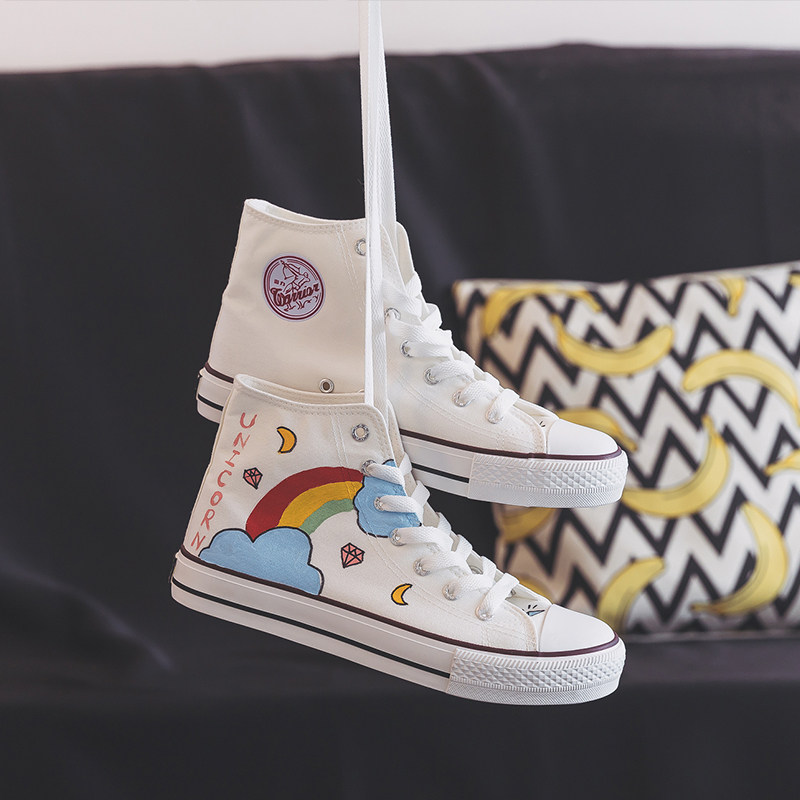 回力高帮帆布鞋女ulzzang复古港味涂鸦鞋子女韩版潮流百搭休闲鞋