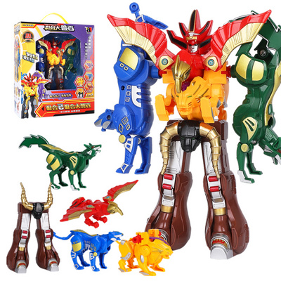新款百兽大合体动物变形五合体机器人金刚拼装牛狮虎王男孩子玩具