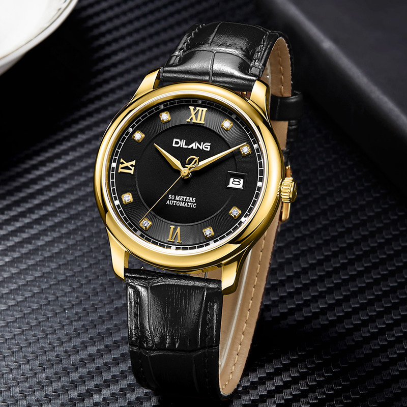 帝浪尊贵金尊贵24k电镀真钻天然腕表男女机械表国产腕表