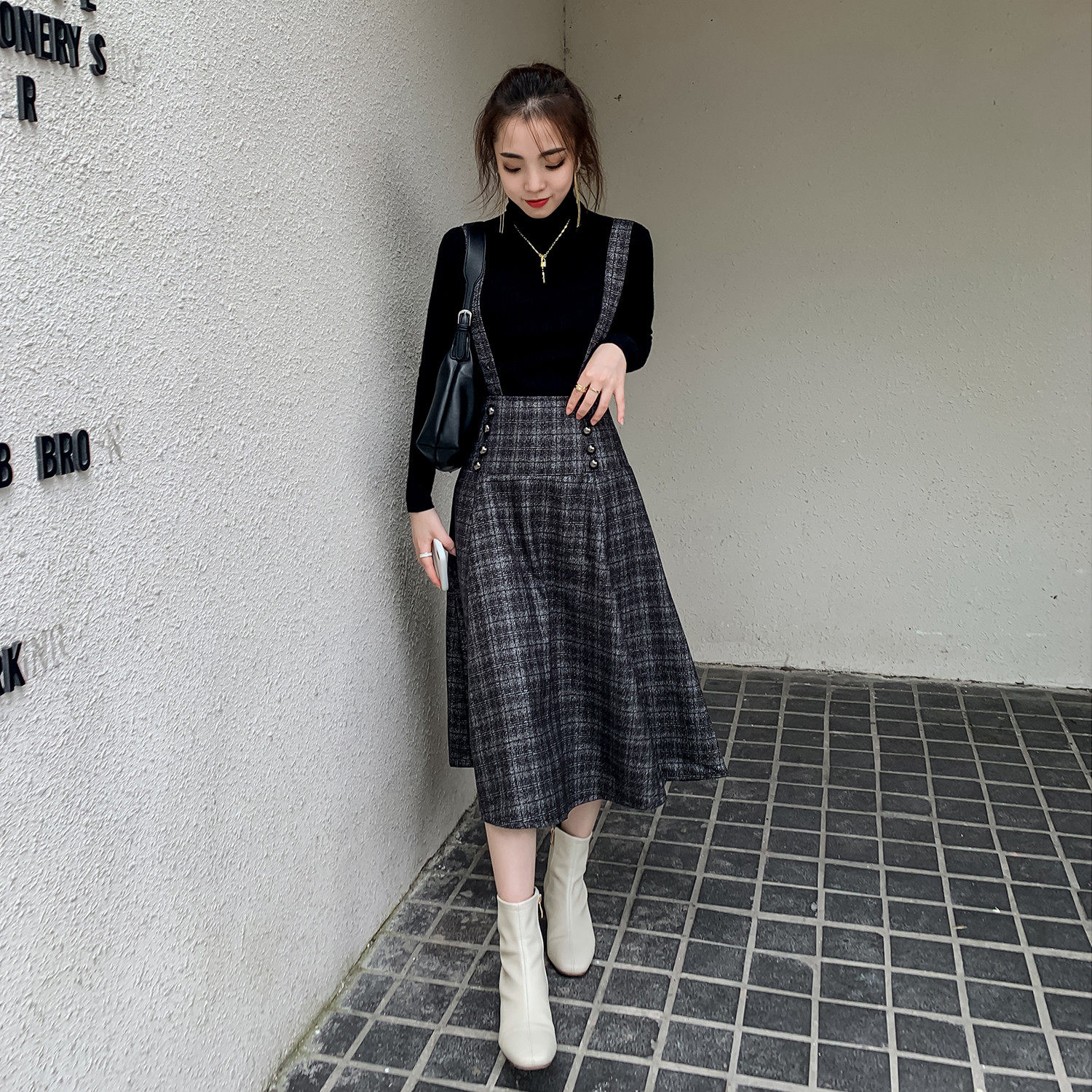 azuiboxxs150cm矮小小个子背带裙女秋冬显高搭配格子毛呢半身裙