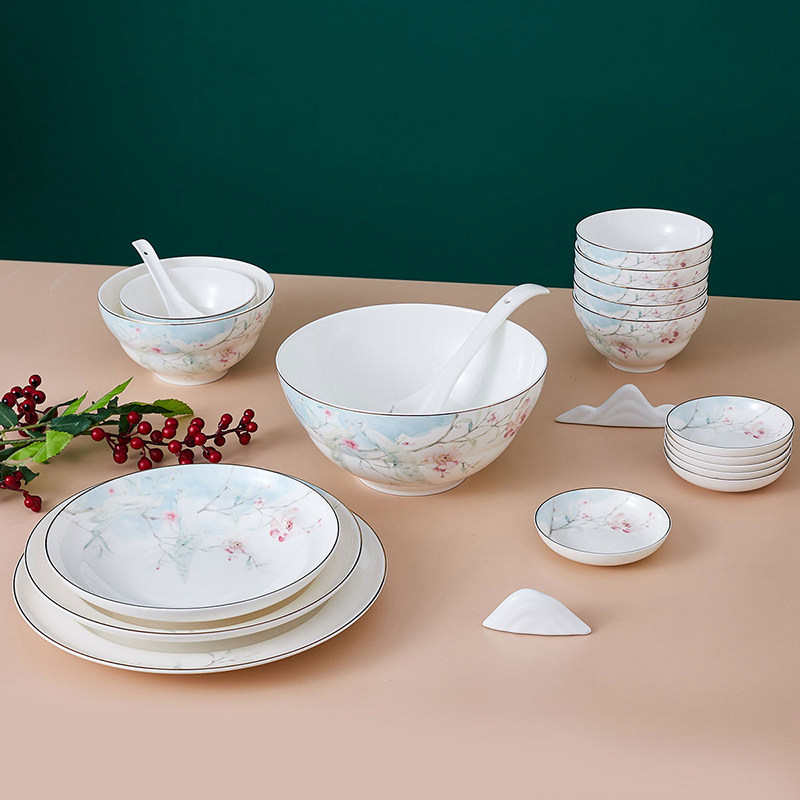 松发瓷器28头陶瓷中式碗盘餐具乔迁碗碟套装碗