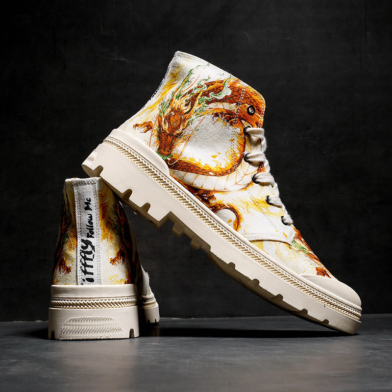 中国龙靴子高帮板马丁靴男国潮男鞋春季涂鸦印花时装靴