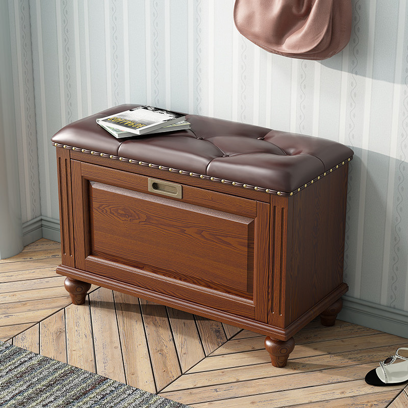 美式换鞋凳实木真皮鞋柜入户多功能沙发凳门口穿鞋凳家用长凳欧式