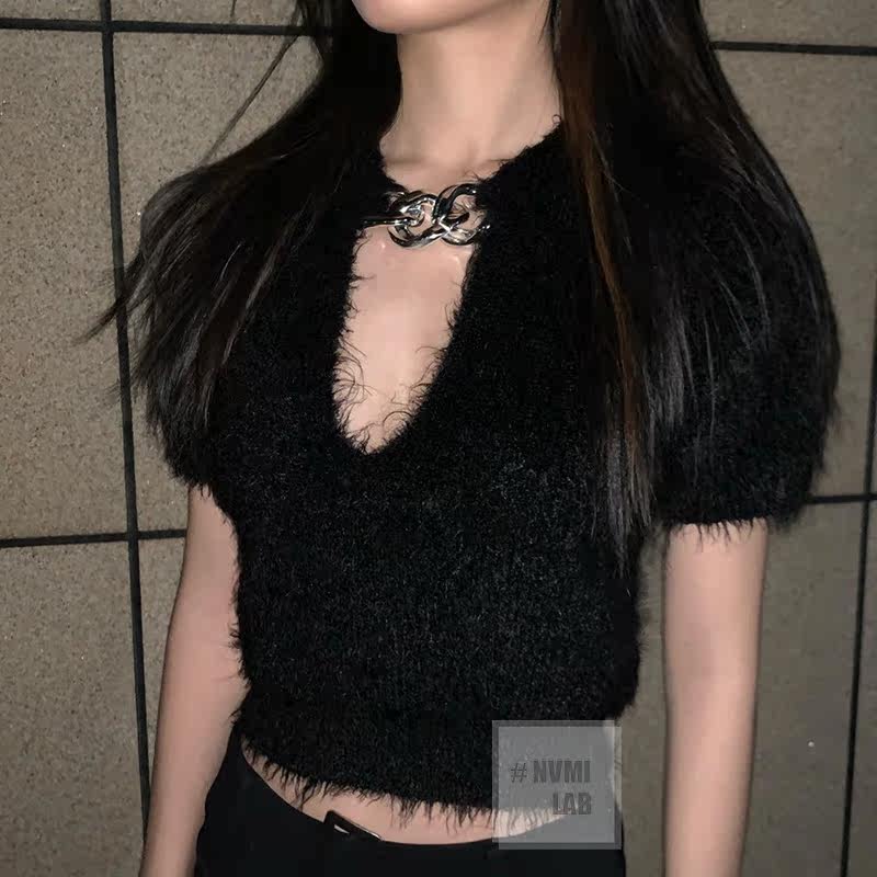 针织衫nvmilabaw大王链条毛绒半袖针织毛衣毛针织衫