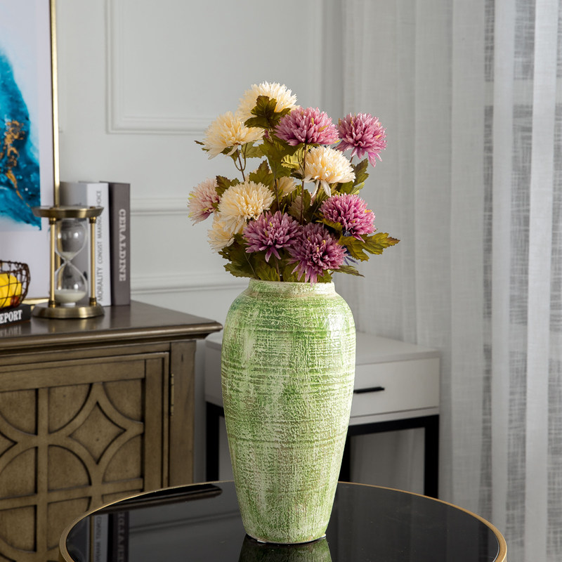 陶瓷大花瓶干花家居美式绿色陶罐花器餐桌摆件陶艺客厅装饰插花瓶