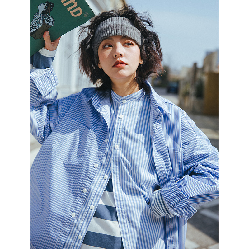 PROS BY CH日系原创复古浅蓝色假两件宽松定制印花条纹双领衬衫男