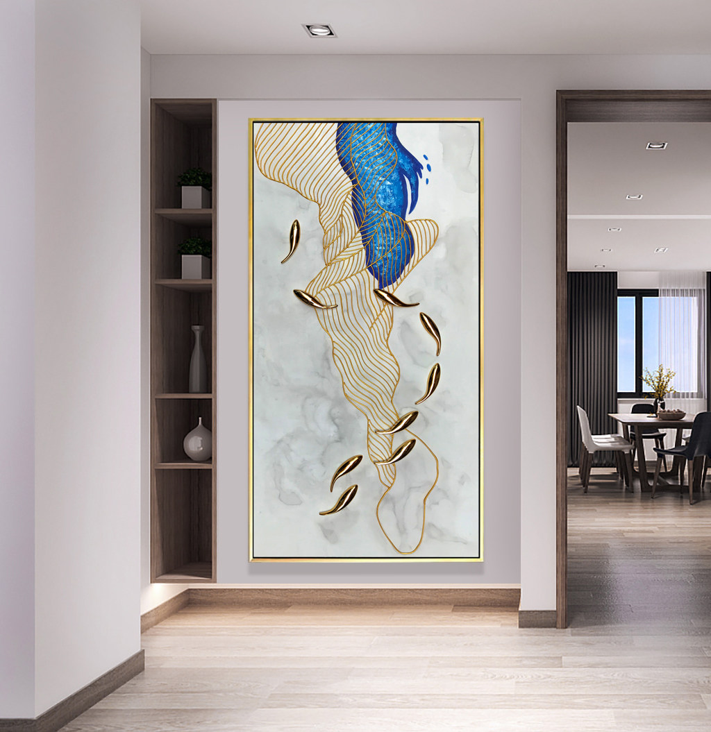 九鱼手绘油画现代简约抽象金线实物轻奢装饰画玄关油画
