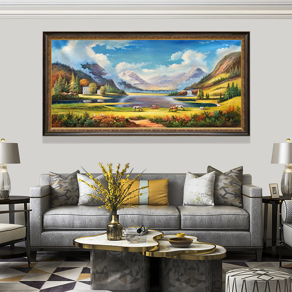 手绘油画客厅沙发欧式玄关装饰画聚宝盆中式山水油画