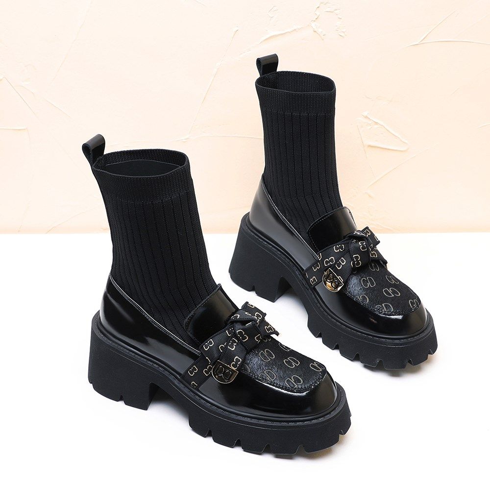 英伦风袜靴女2022秋冬新款加绒厚底小短靴针织法式弹力粗跟瘦瘦靴