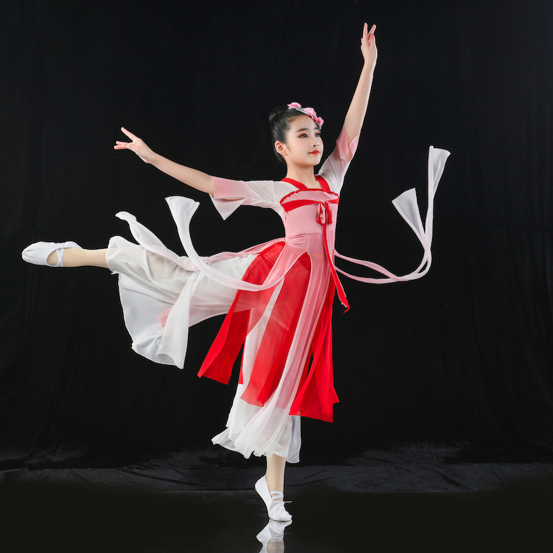 儿童古典舞女演出服飘逸扇子中国舞汉服古风荷塘月色儿童演出服