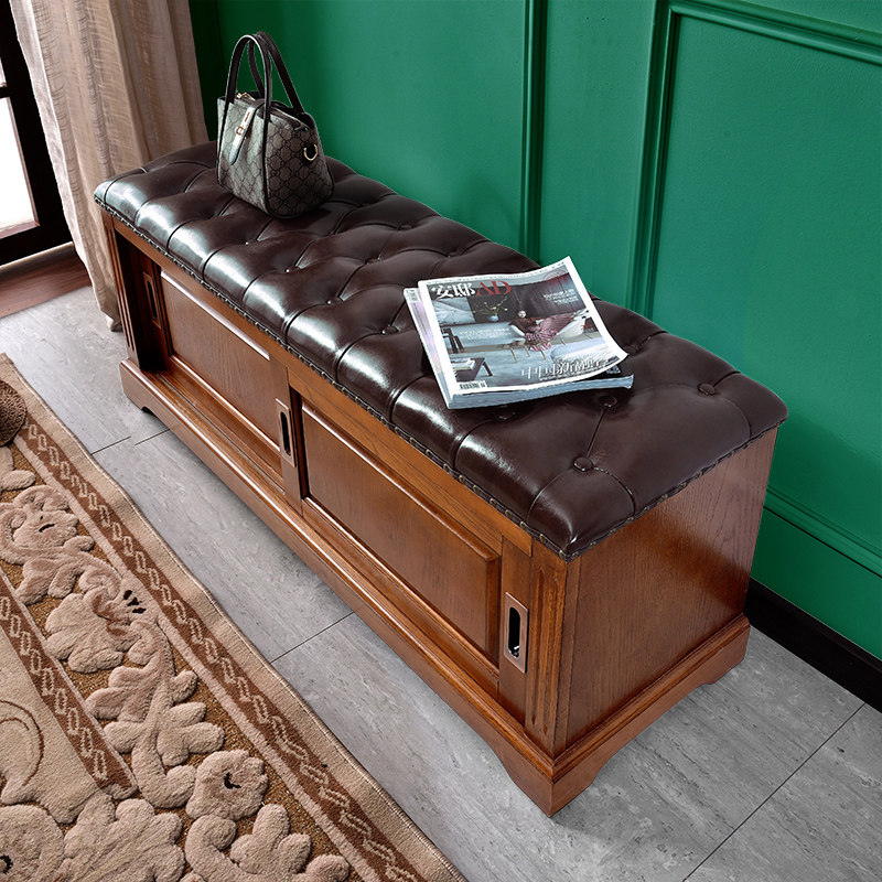 美式实木轻奢进门入户家用换鞋凳软包床尾多功能换鞋凳