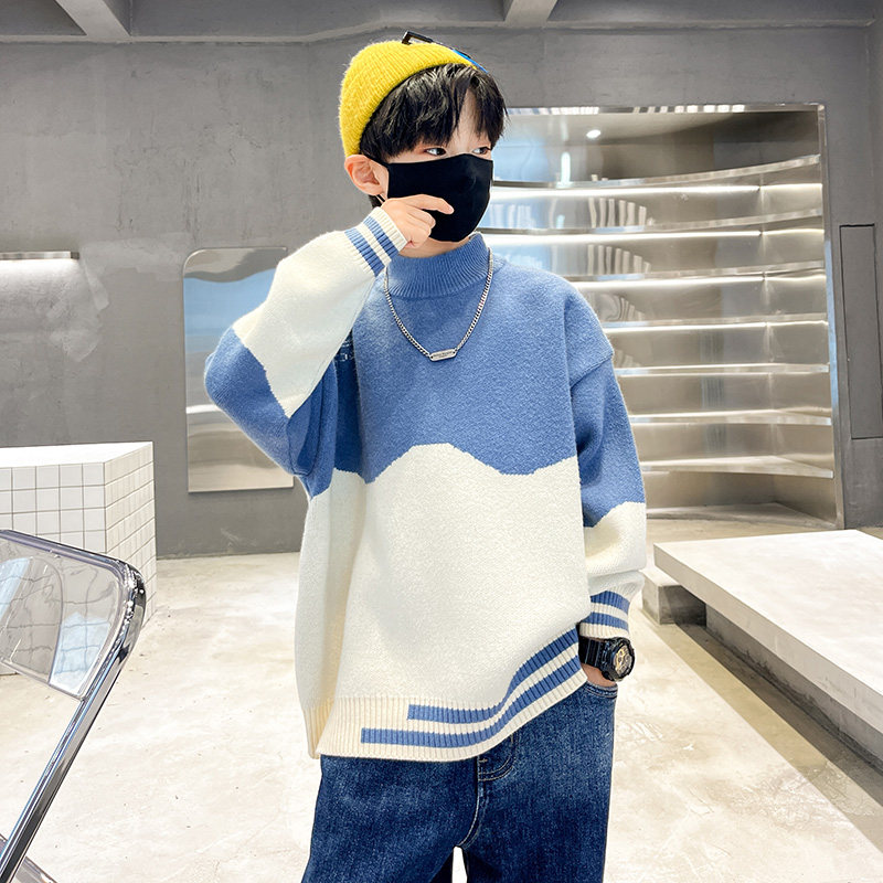 儿童拼色衣服大童15岁针织衫毛衣打底加厚男孩毛衣