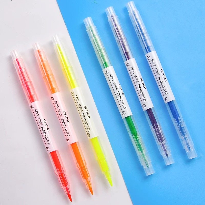 得力双头荧光笔记号笔粗划重点单词笔套装彩色笔标记笔淡色系学生用一