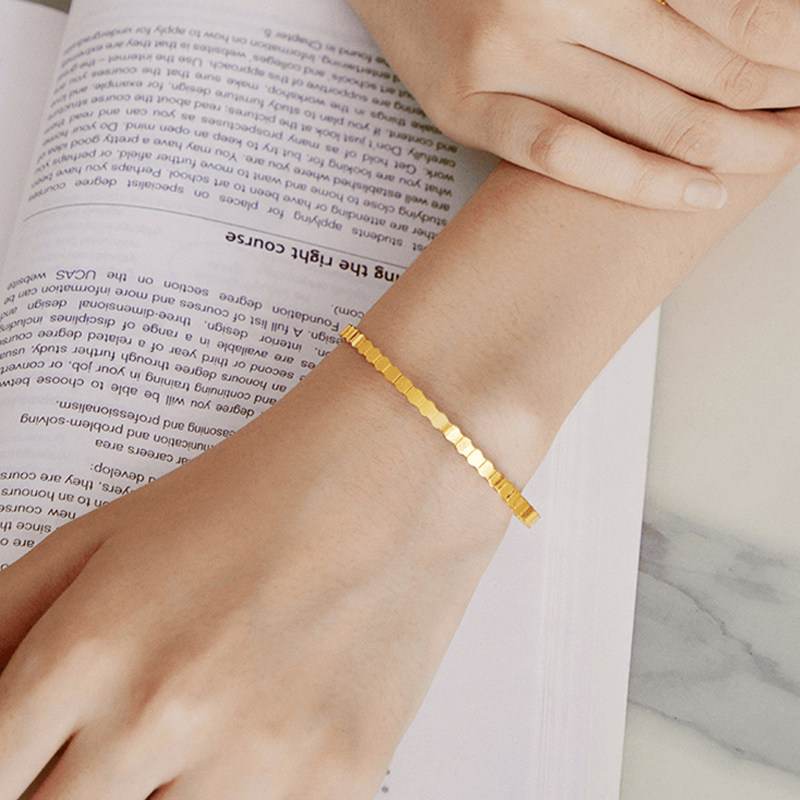 足金金足黄金手镯亮面蜂巢几何手环手镯